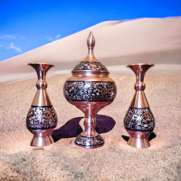 Esfahani Diamond-Cut Copper Vase and Bowl Set - Image 5