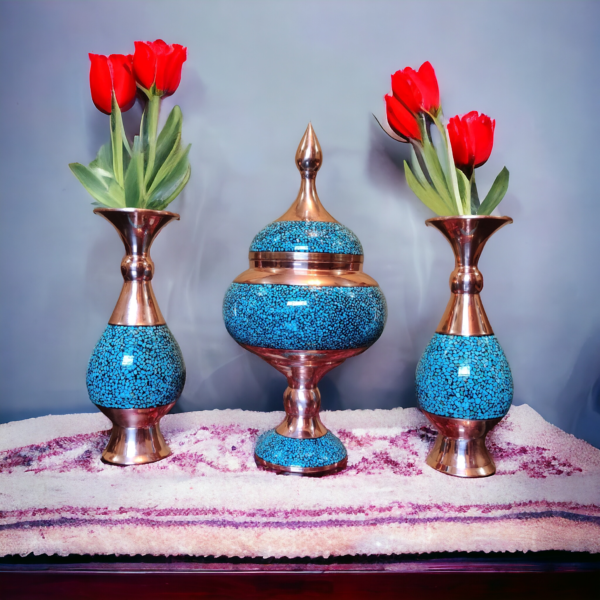 Elegant Firoozeh Koobi Turquoise Inlay Vase & Bonbon Dish Set