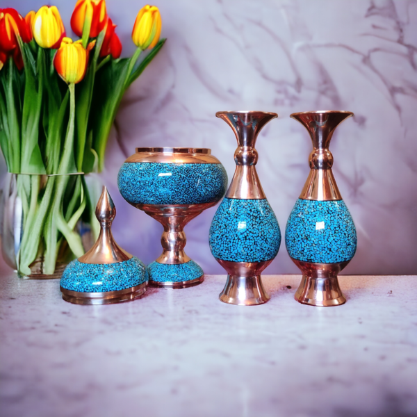 Elegant Firoozeh Koobi Turquoise Inlay Vase & Bonbon Dish Set - Image 4
