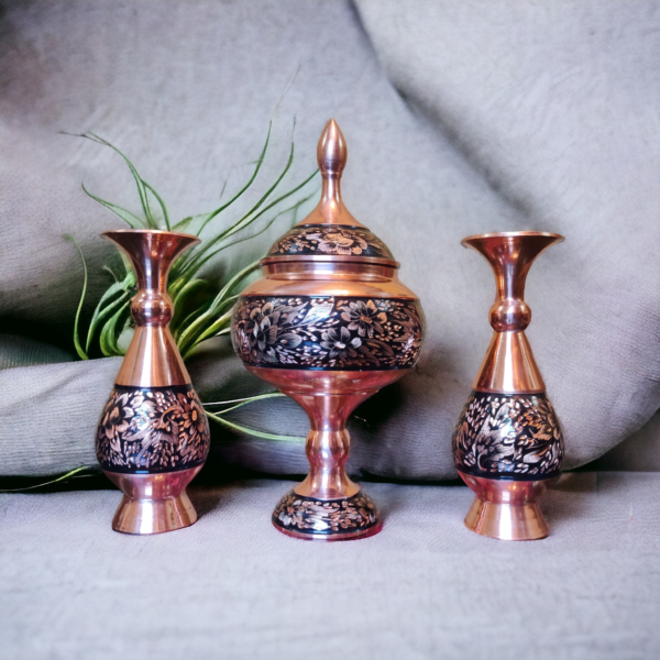 Esfahani Diamond-Cut Copper Vase and Bowl Set